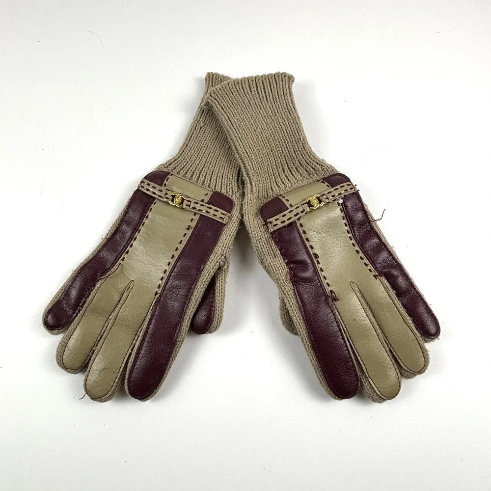 Vintage English Village Knit Leather Driving Gloves Womens Tan‎ Burgundy Gold CC